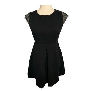 bcbg womens solid black tank Crew Neck lace mini fit flare dress 4 small